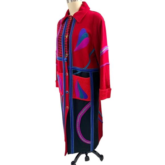 VTG Coloratura Red Wool Patchwork Maxi Coat Artsy Boho Avant Garde 80s 90s M - Picture 5 of 10